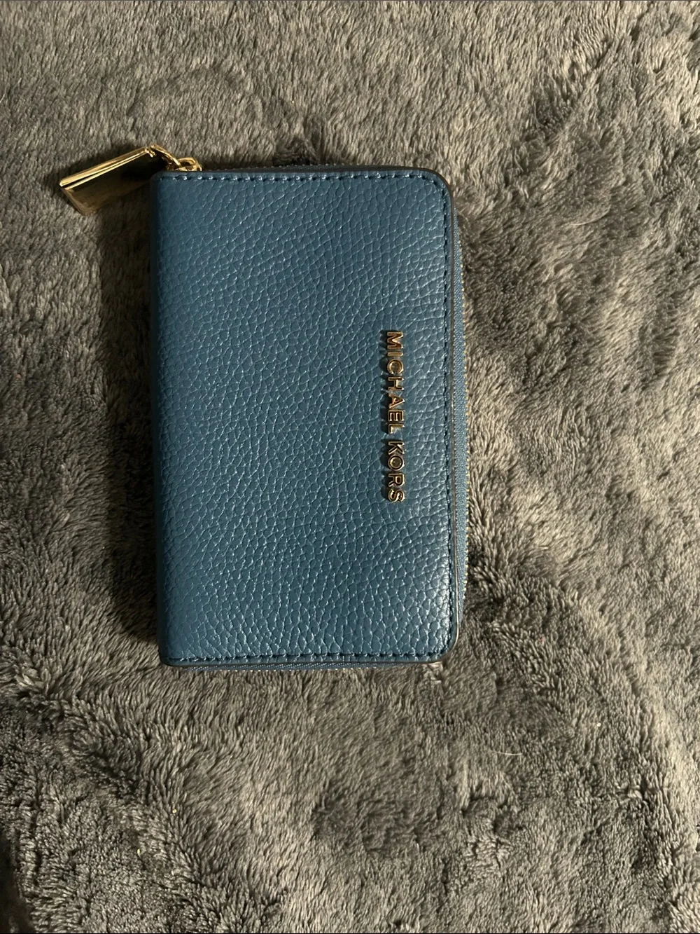 Michael Kors Teal Blue Zip Card Holder with Gold Hardware